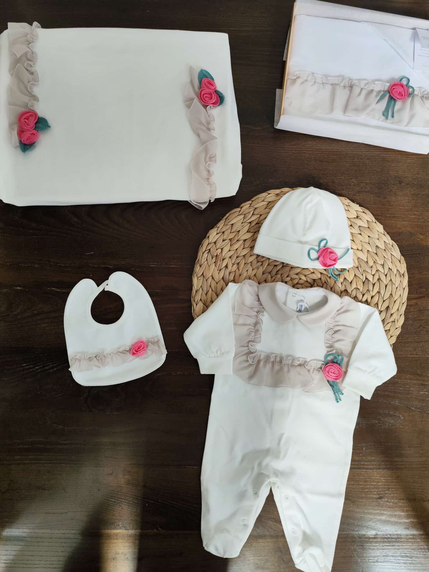 Coordinato nascita "petali di sogni"in cotone