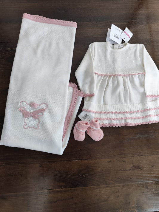 Coordinato Nascita bianco e rosa in lana con vestina