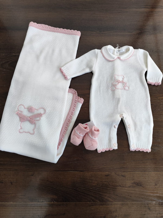 Coordinato Nascita bianco e rosa in lana con tutina