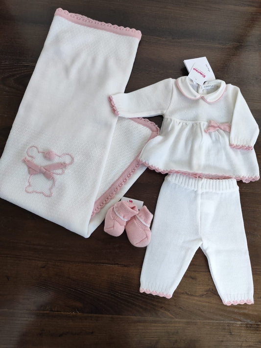 Coordinato Nascita bianco e rosa in lana