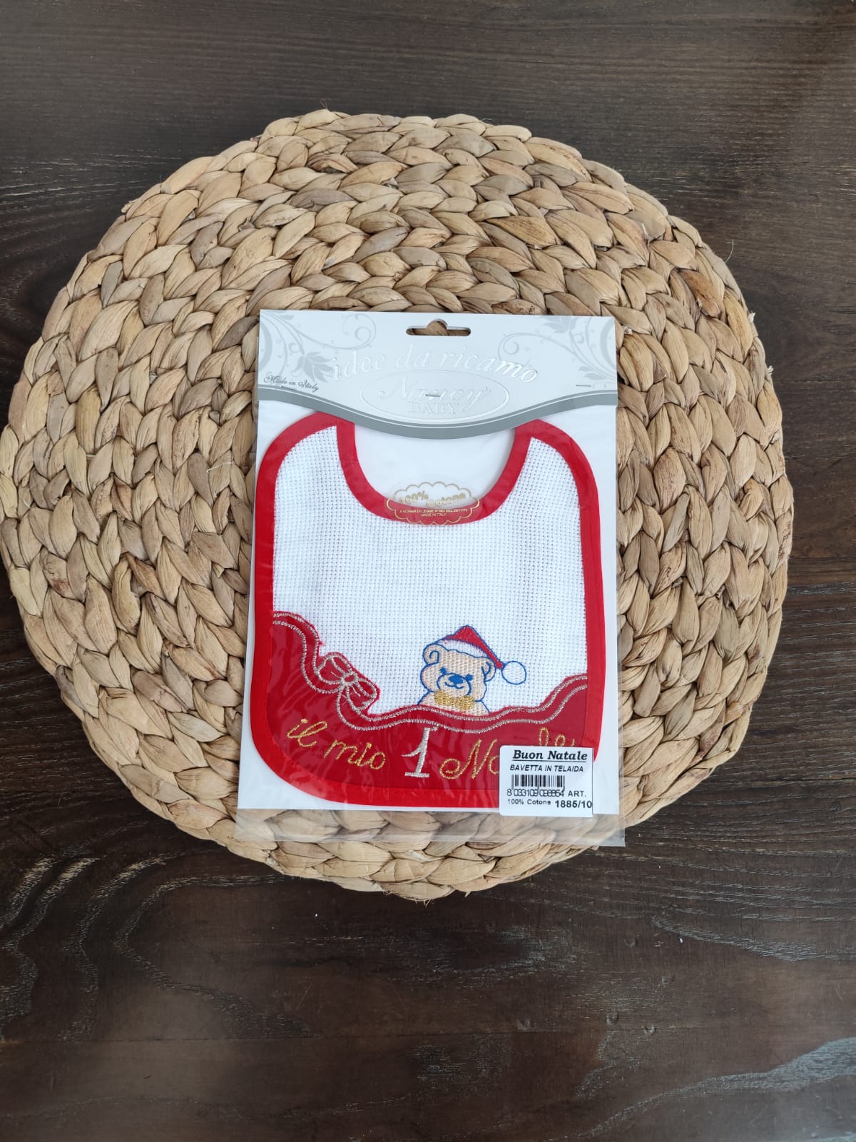 Bavetta da Ricamo rossa con tela aida "il mio primo Natale"